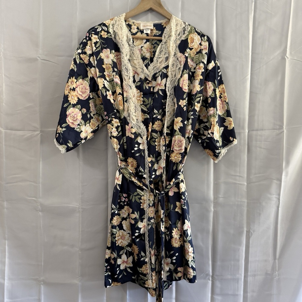 Vtg Barbizon‎ 3 Pc Pajama Set S Navy Blue Flowers Lace Robe Sleep Shirt Shorts